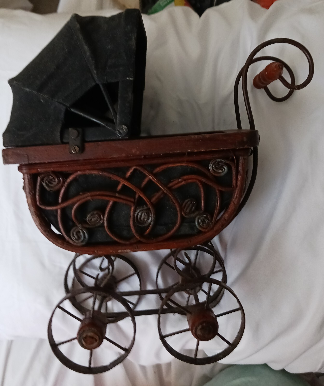 Antique Victorian Baby Doll Stroller Vintage Wicker Wood Iron Baby Doll Carriage