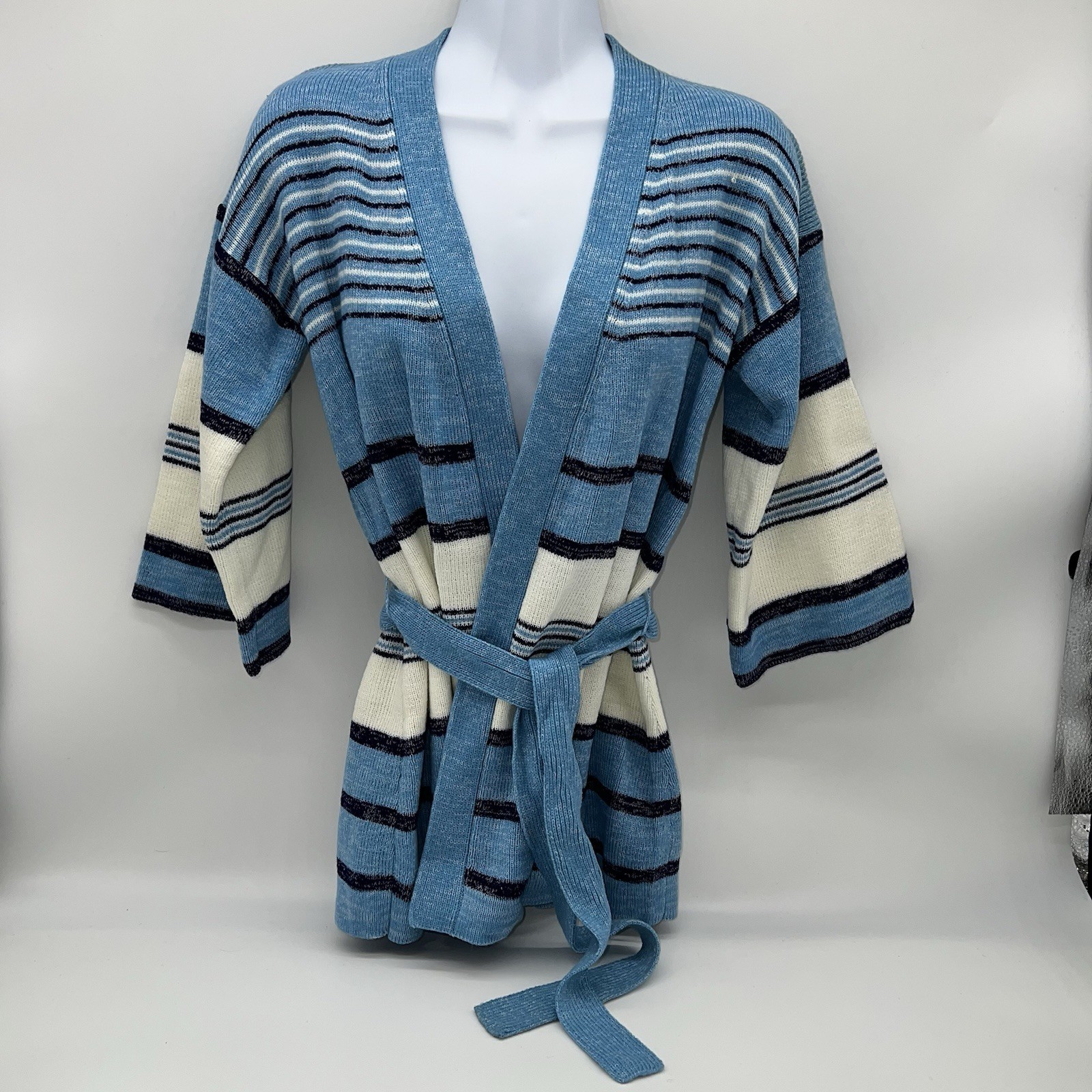 VTG Afashion Import Blue/Cream Knit Cardigan Sweater w/Tie Belt Stripe Pattern-M