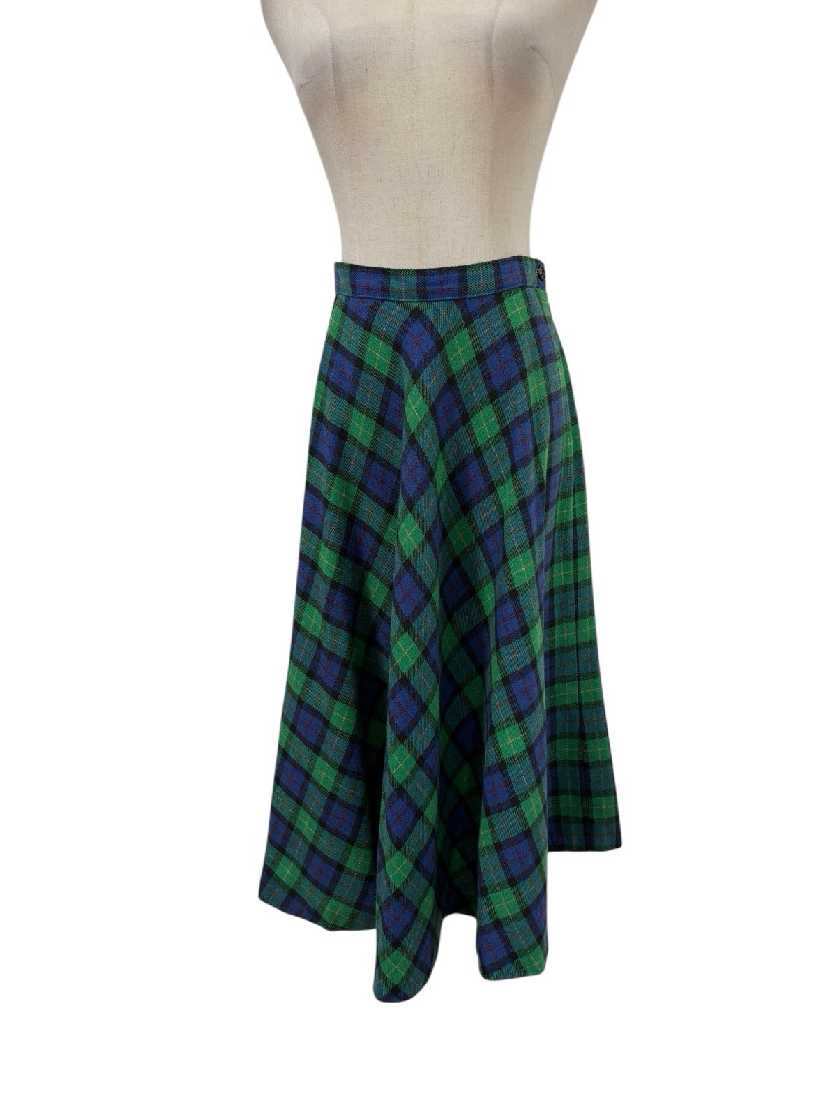 Vtg 70s Green Blue Plaid A Line Midi Skirt Wool Blend 27”w Preppy RL Christmas