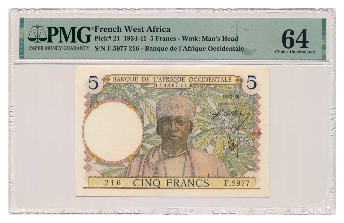 FRENCH WEST AFRICA banknote 5 Francs 10.3.1938 PMG MS 64 Choice Uncirculated
