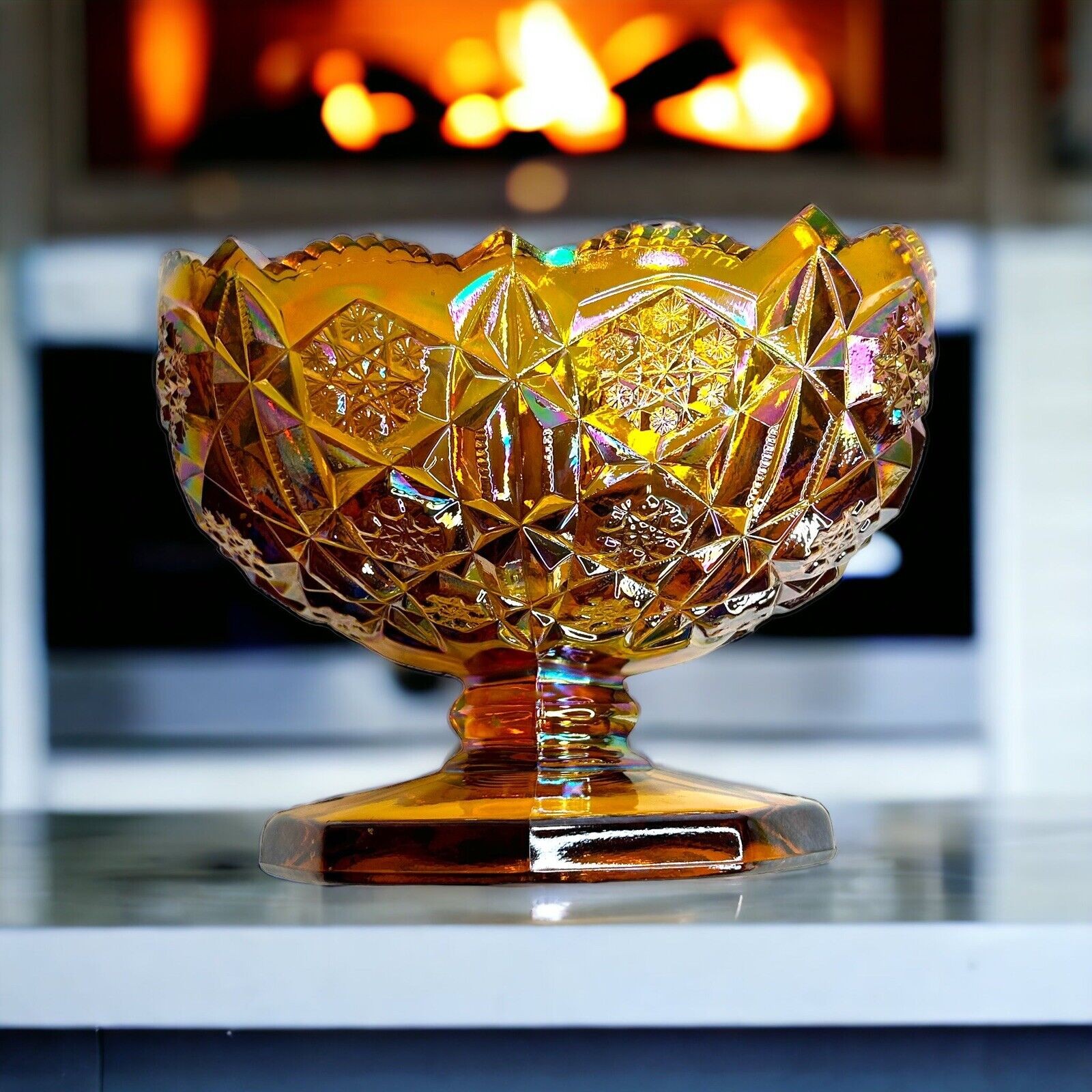 Kemble Amber Carnival Glass Snowflake Saw Tooth Edge Pedestal Oval Compote Bowl