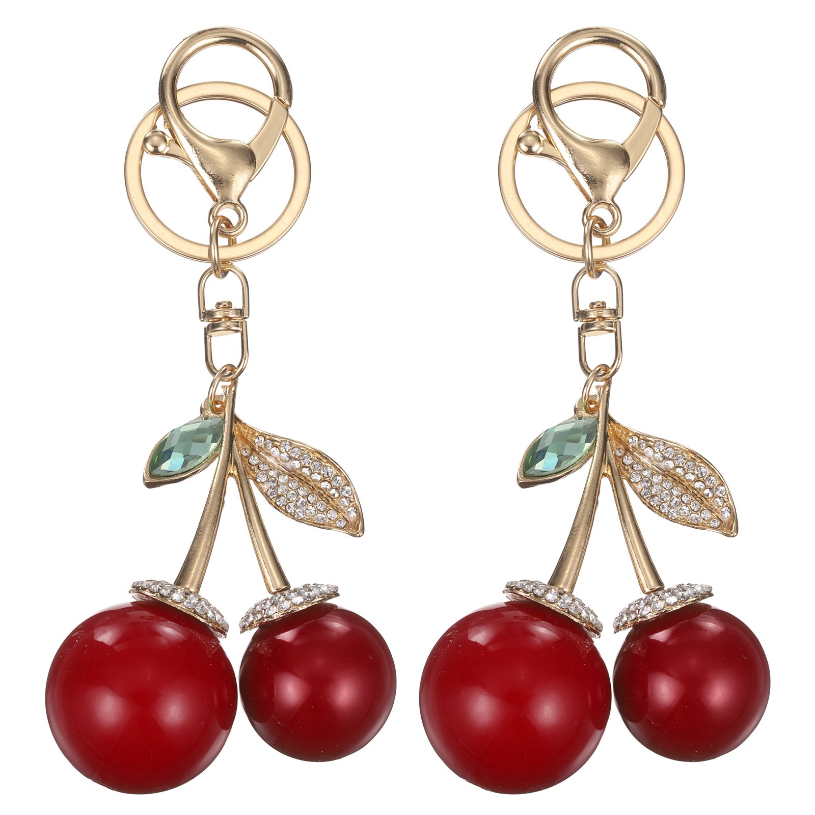 2Pcs Cherry Keychain for Women Bag Rhinestone Charm with Ring and Clip Gold-Red