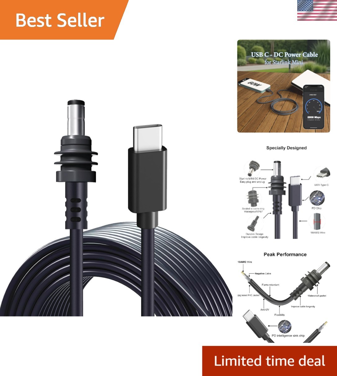 Starlink Mini USB-C to 49ft DC Power Cable Waterproof UV Resistance for Starlink