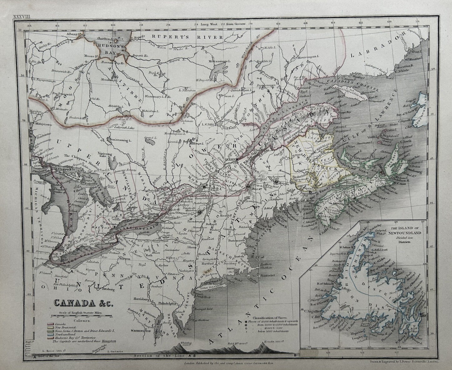 1850 Canada Hand Coloured Antique Map By John Dower Showing Mountains