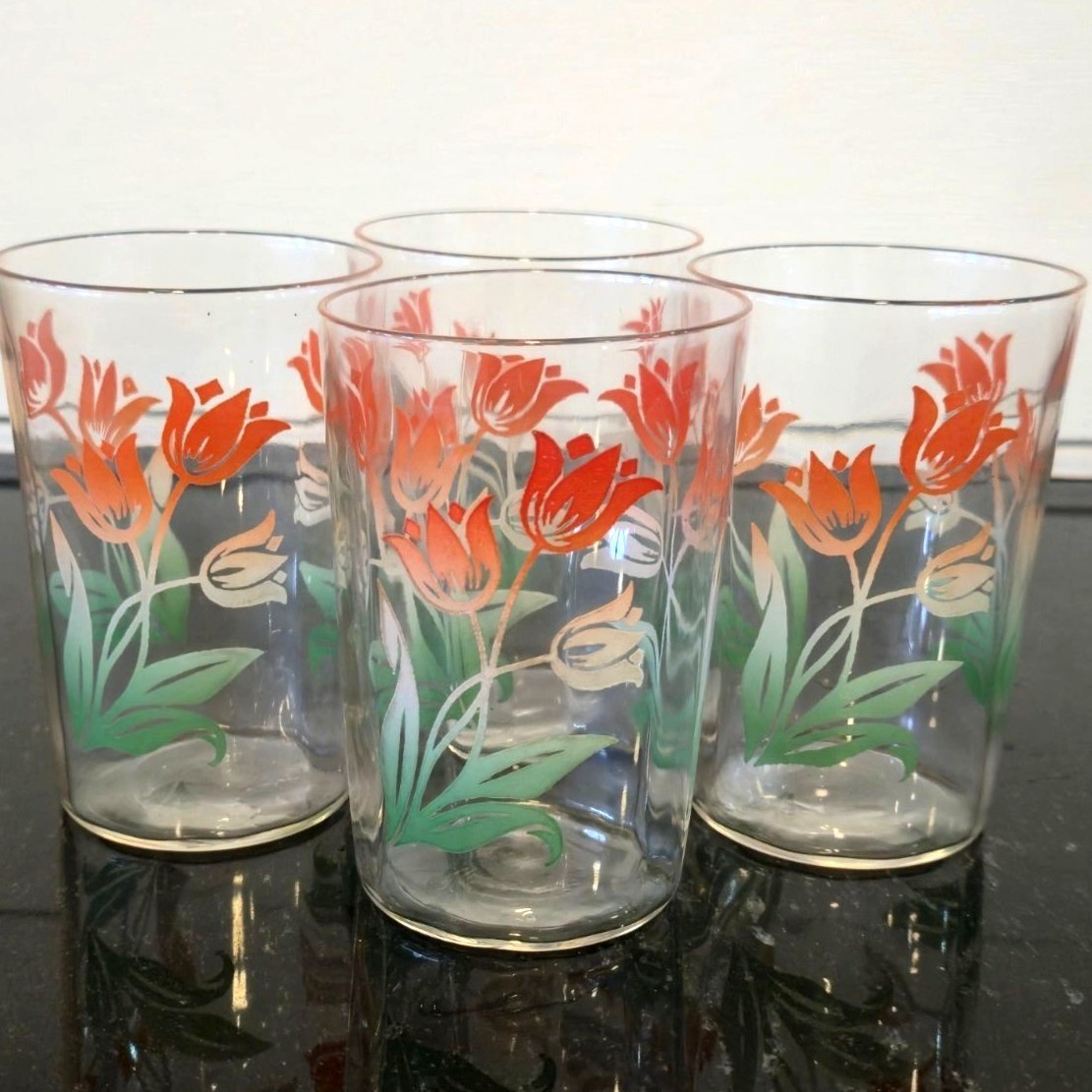 Vintage Floral Tulip Drinking  Juice Glasses Orange Green Mid Century Set retro