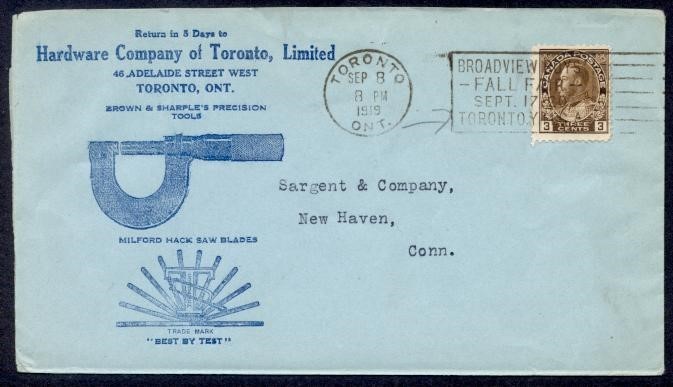 CANADA 1919 HARWARE ILLUSTRATED ADMIRAL COVER TO USA