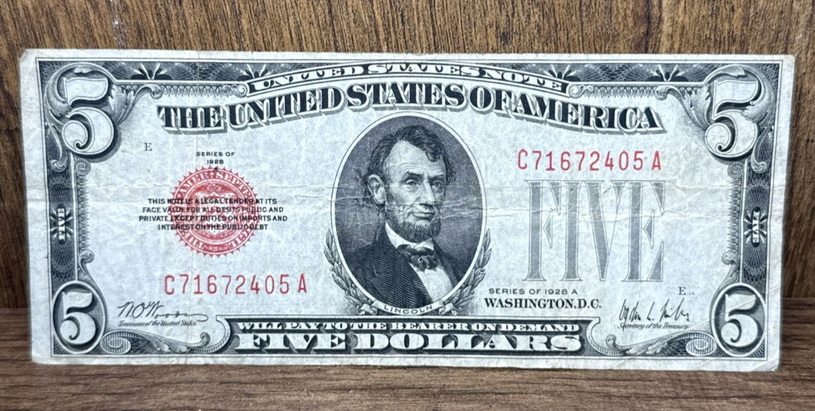 1928-A Five Dollar Bill $5 Red Seal United States Note - Old U.S. Currency