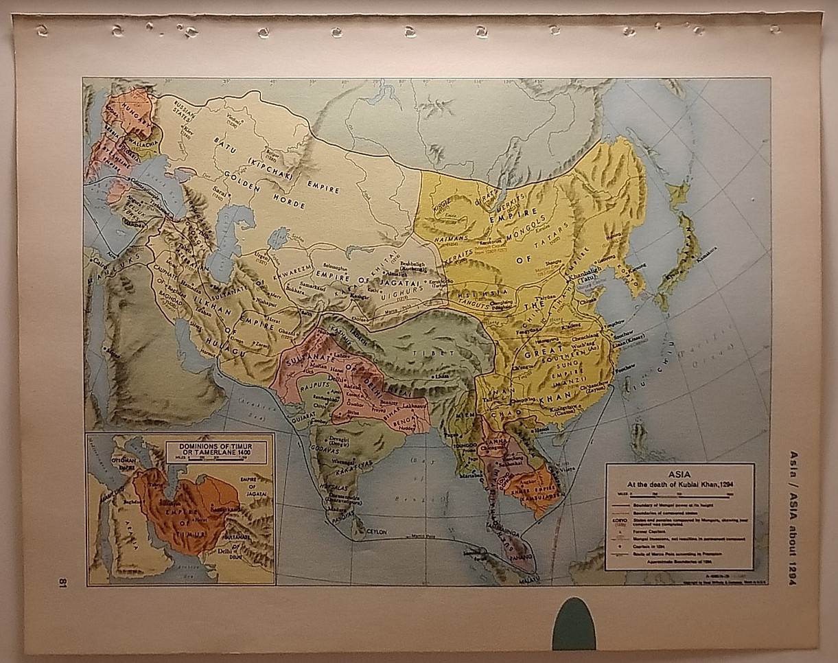 Vintage ASIA IN 1294 AD Atlas Map 1967 Mid-Century Modern World Book Atlas