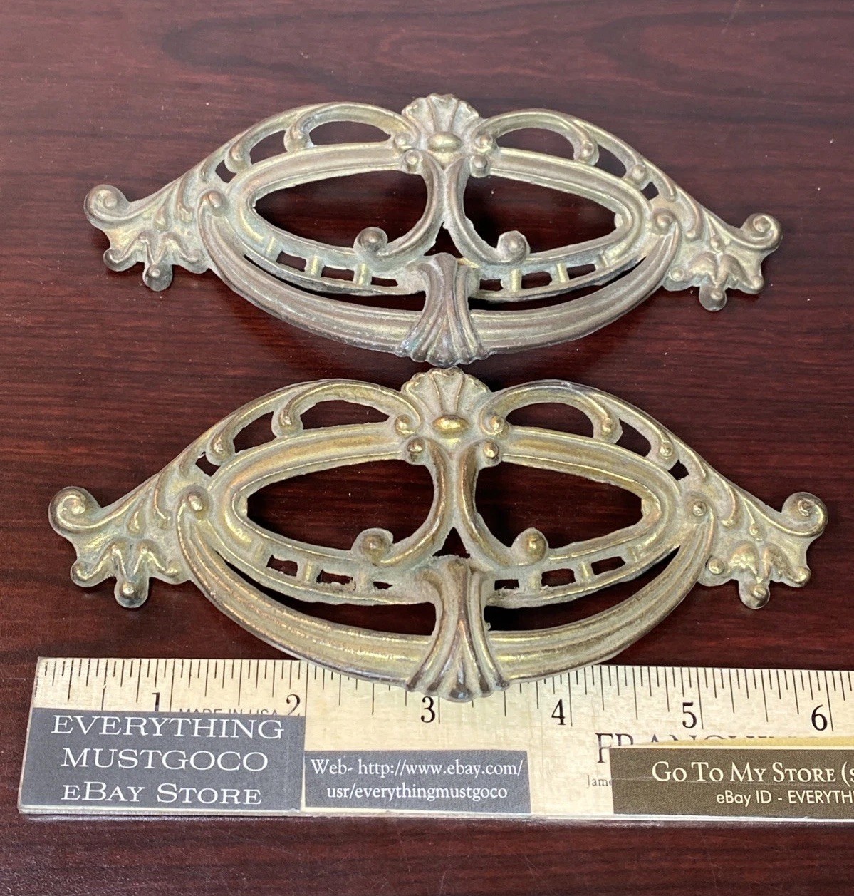 Vtg Pr 2 Art Deco Nouveau Style Cast Brass Scroll Drawer Pull Handles 4” Center