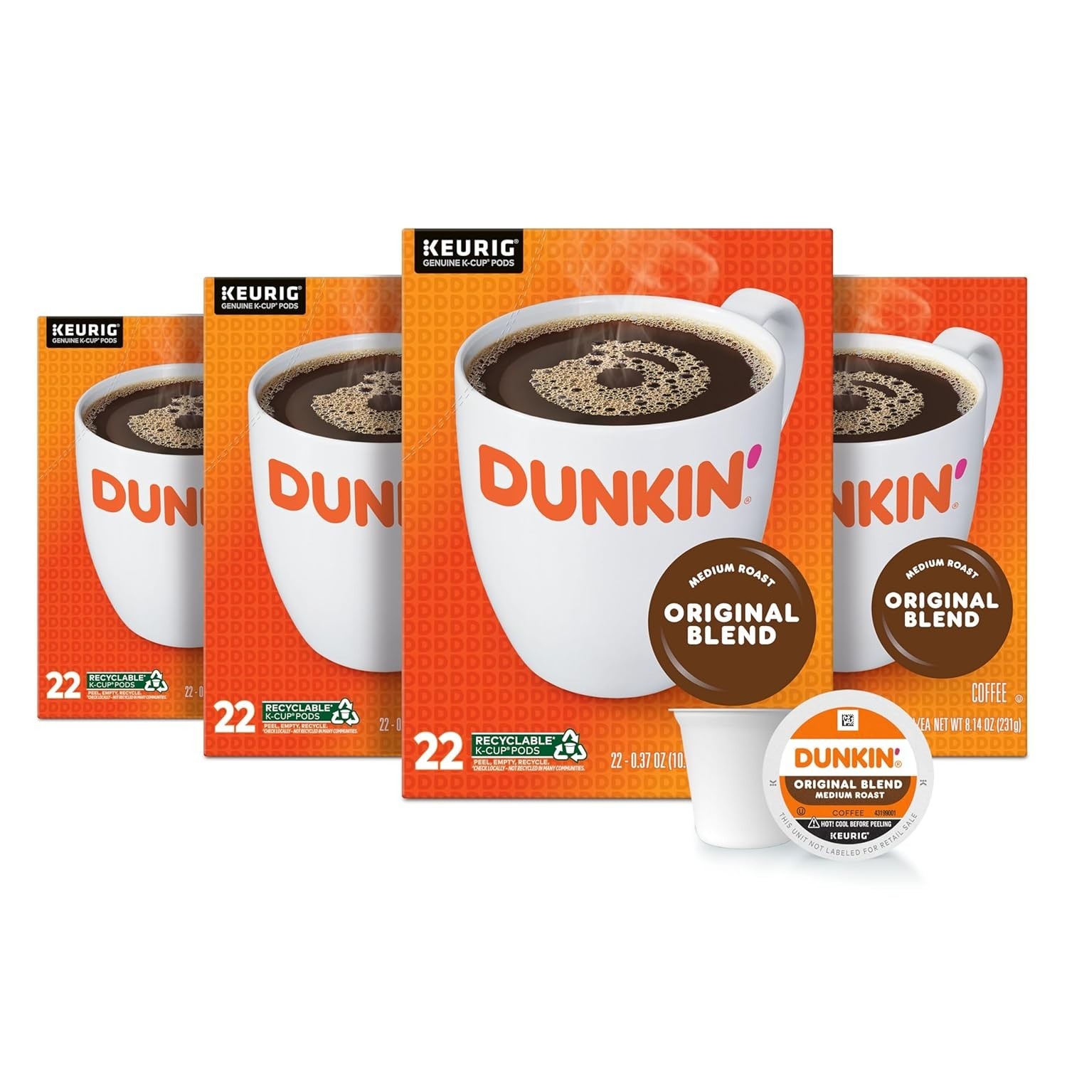 Dunkin' Original Blend Coffee Medium Roast K-Cup Pods 22 Count Boxes (Pack of 4)