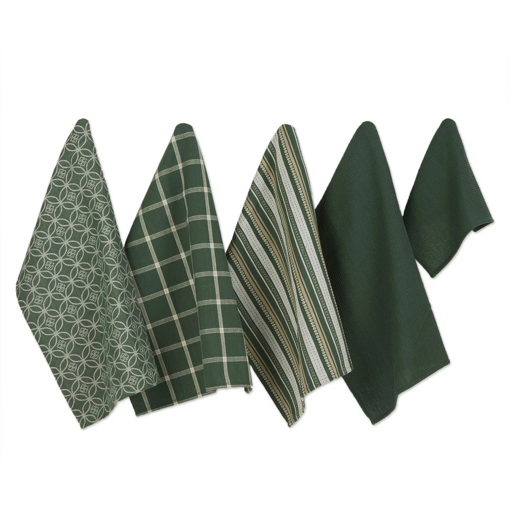 Dark Green Kitchen Towel Set 4 Dishtowels 18x28 and 1 Dishcloth 13x13