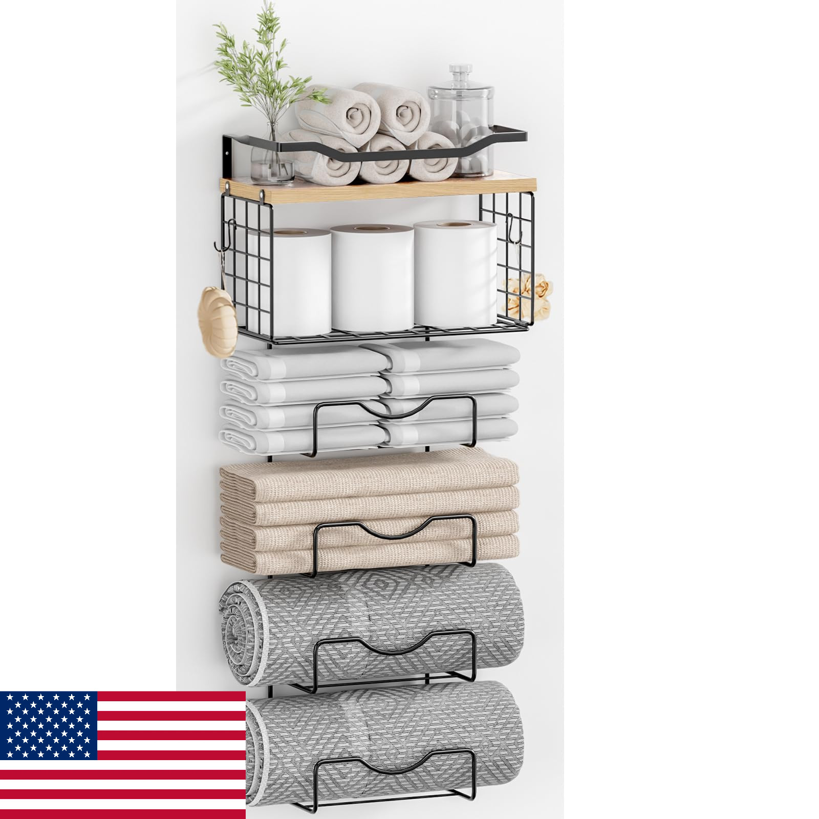 6-Tier Wall Mounted Towel Rack Metal & Walnut Shelves Hand Towel Holder Bathroom