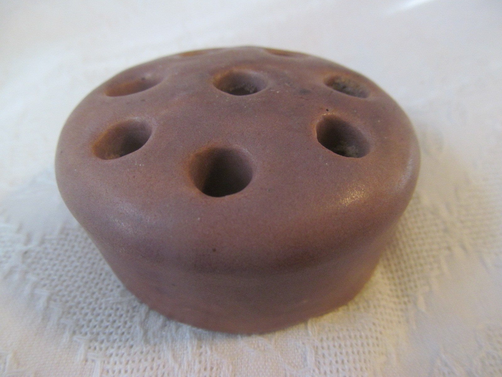 Vintage Pottery Flower Frog No marks~Rose Tan Brown 2.75" x 1.25" deep