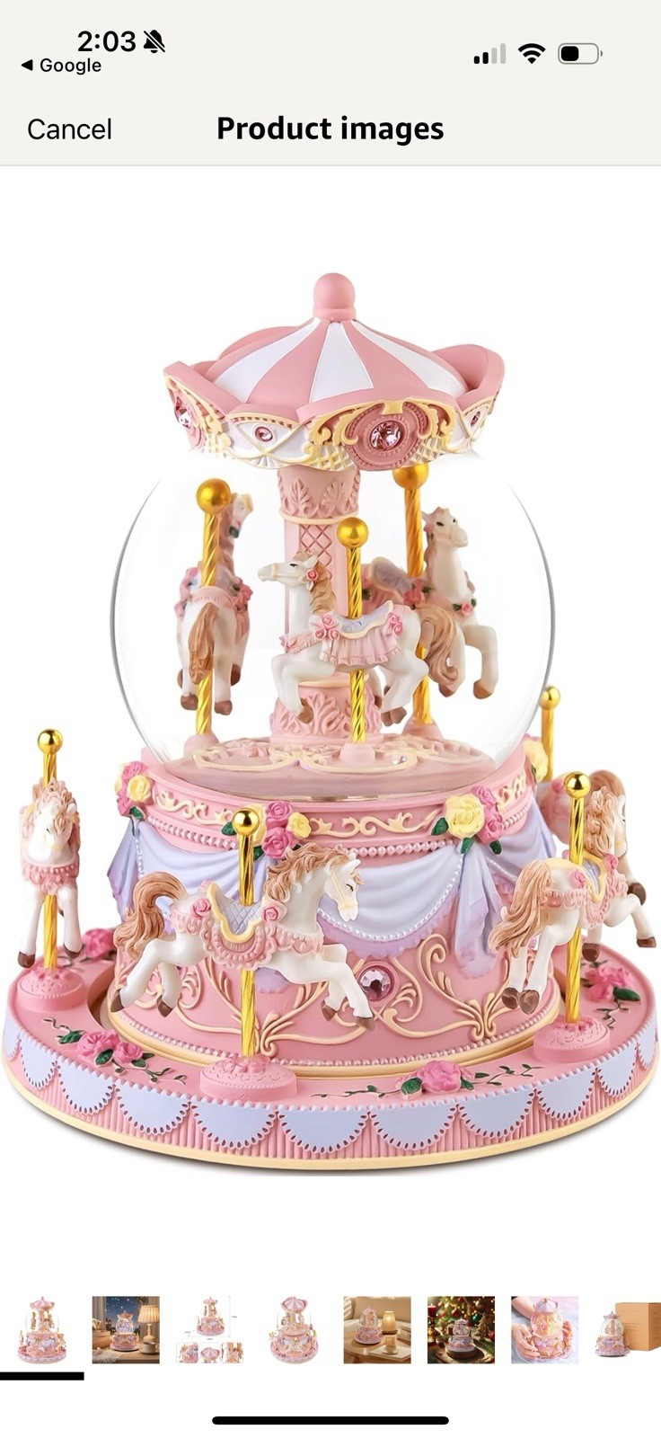 Carousel Snow Globe Music Box LED Light Rotating Horse Unicorn Pink 7.4" Gift