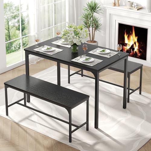  Dining Table, Dining Table Set for 4 with Bench, Easy to Assemble 3PCS Black