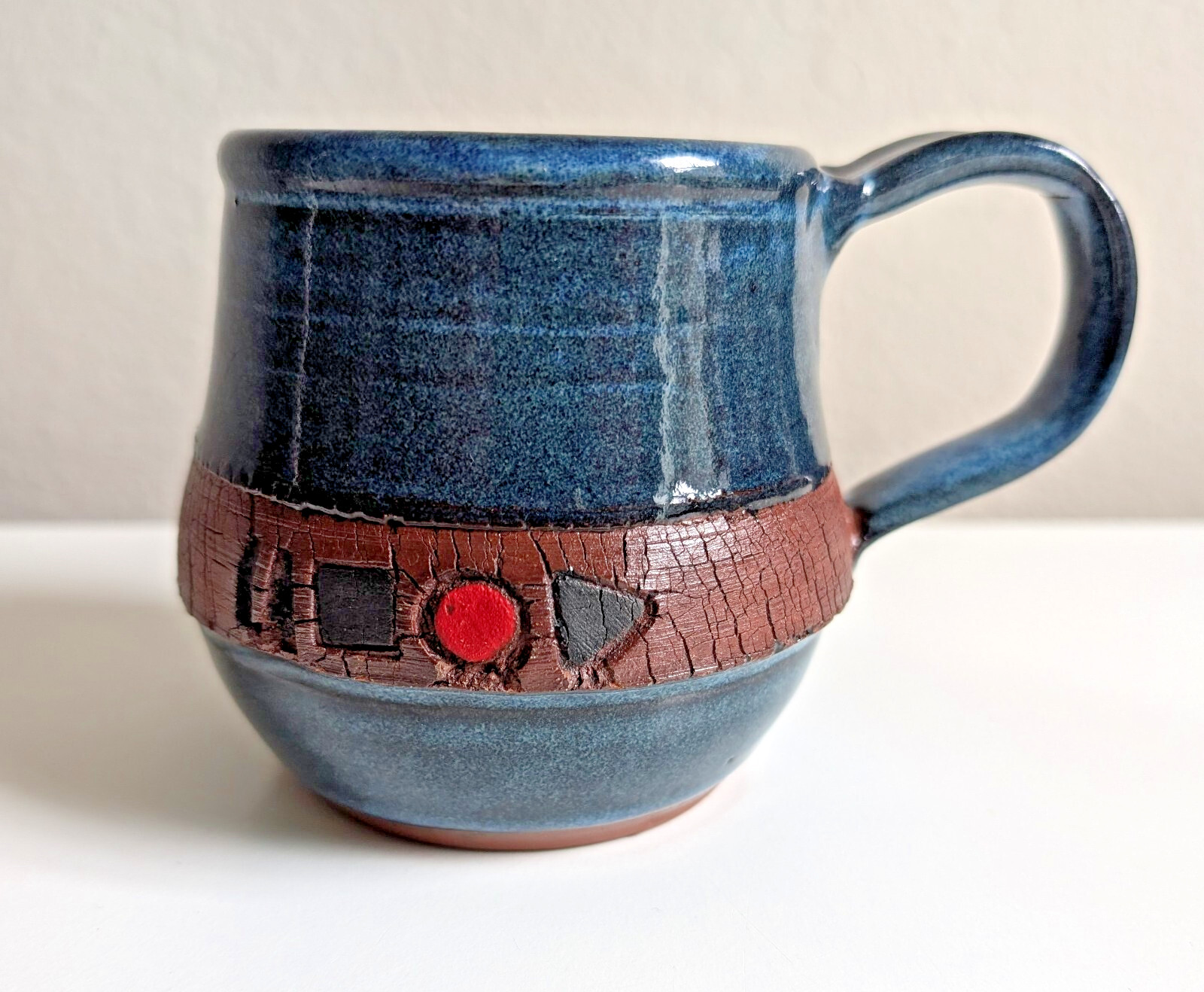 Studio art pottery mug cobalt blue tape player pause stop gamer dad signed MG