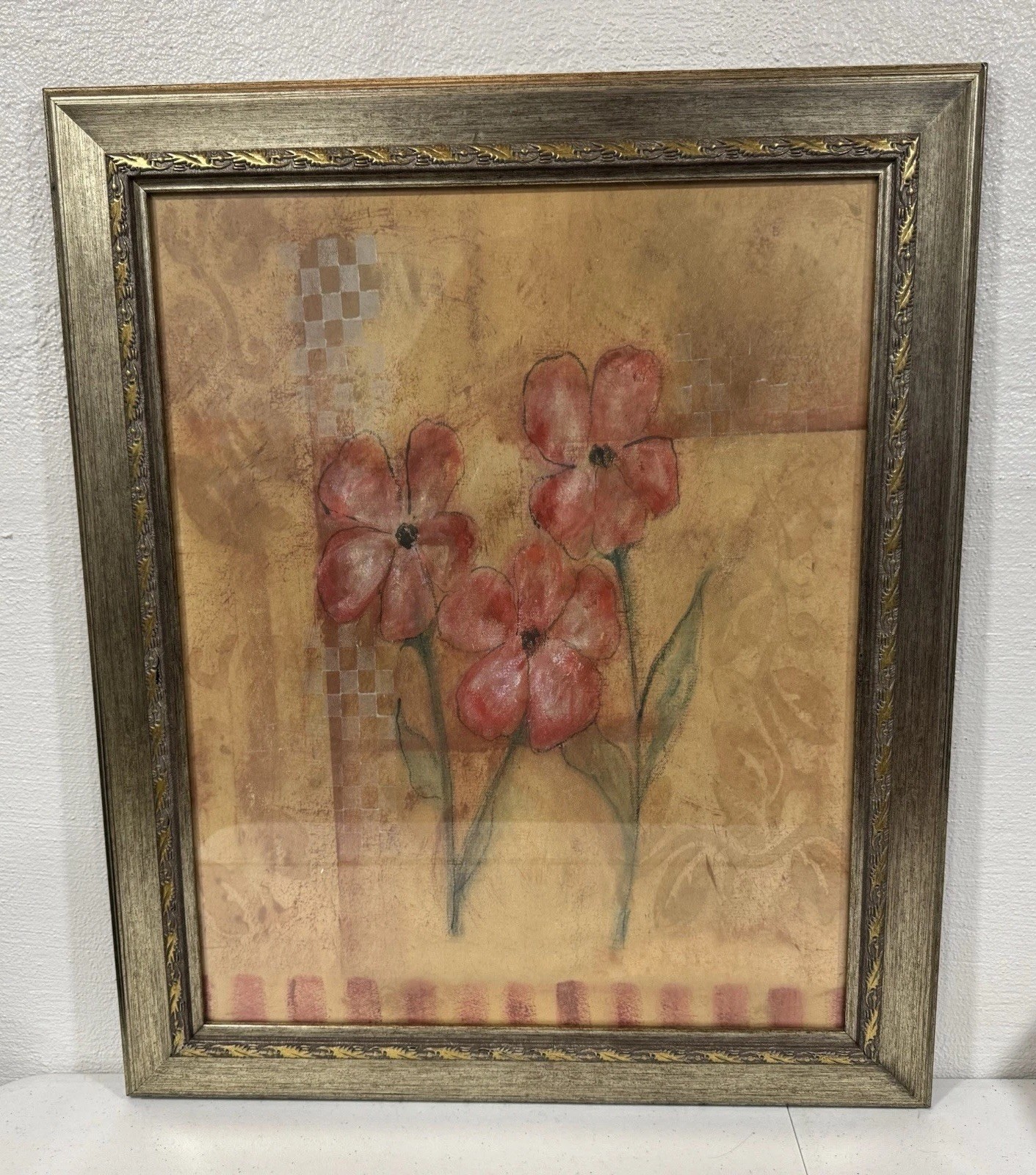 Floral Decorative Hanging Wall Art Picture Gold Decorative Textured Frame 24x20 