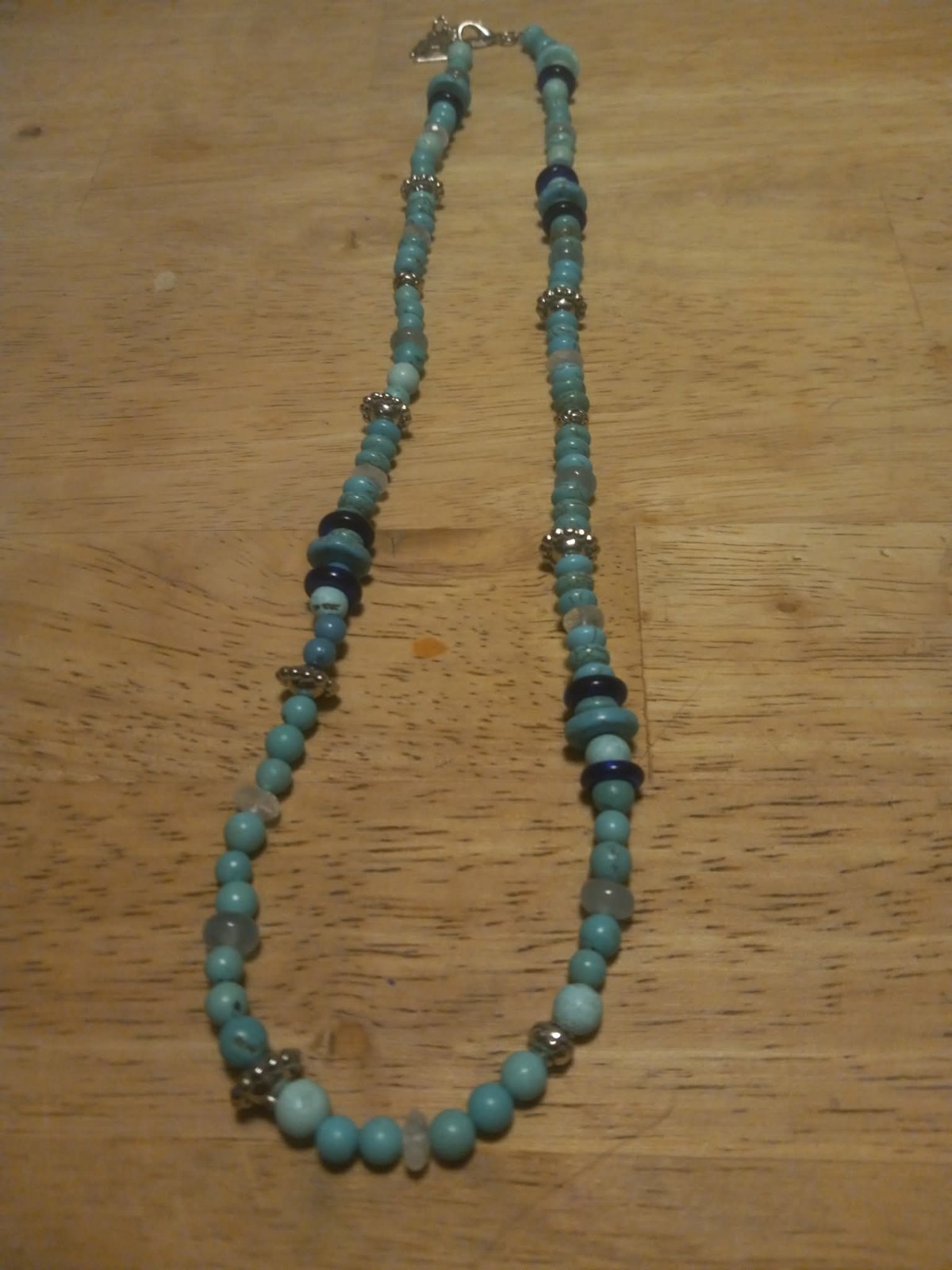 Turquoise, Cobalt Blue Glass, Aquamarine And Silver Tone Spacers 20" Necklace
