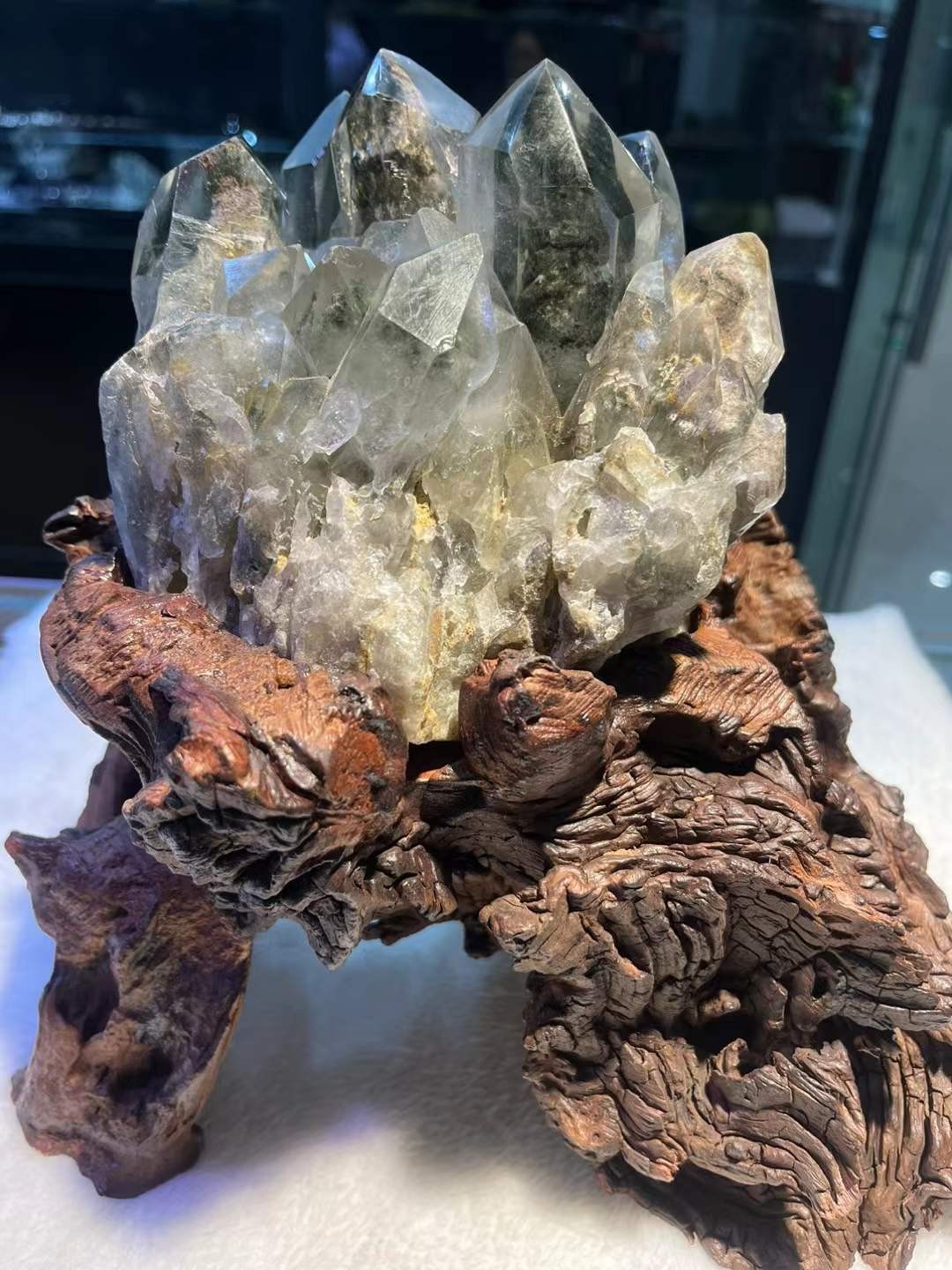 4.74LB Natural Green Ghost Phantom Quartz Crystal Mineral Reiki Decor+Stand