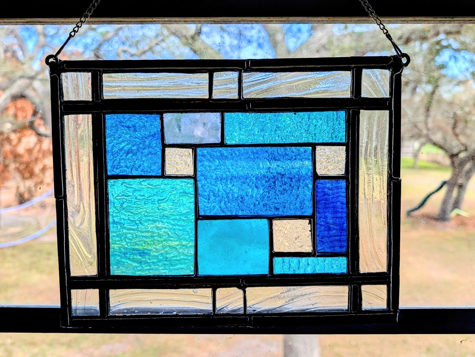 Stained Glass Panel, Modern Geometric Panel with Blue Hues, 11W By 9H