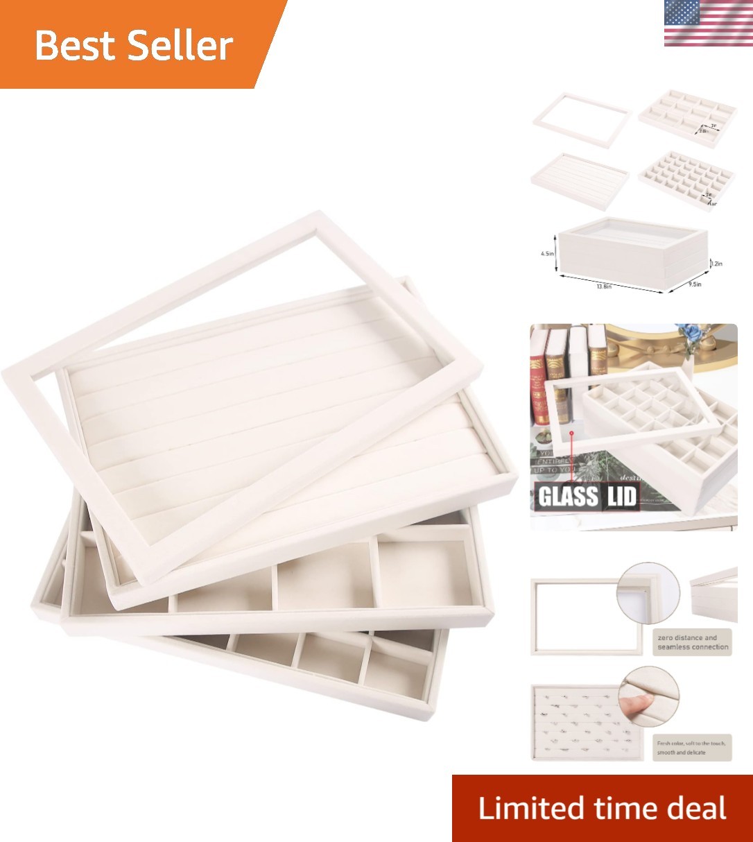 Stackable Jewelry Trays Organizer Set with Clear Lid, Trays for Drawer, Earri...