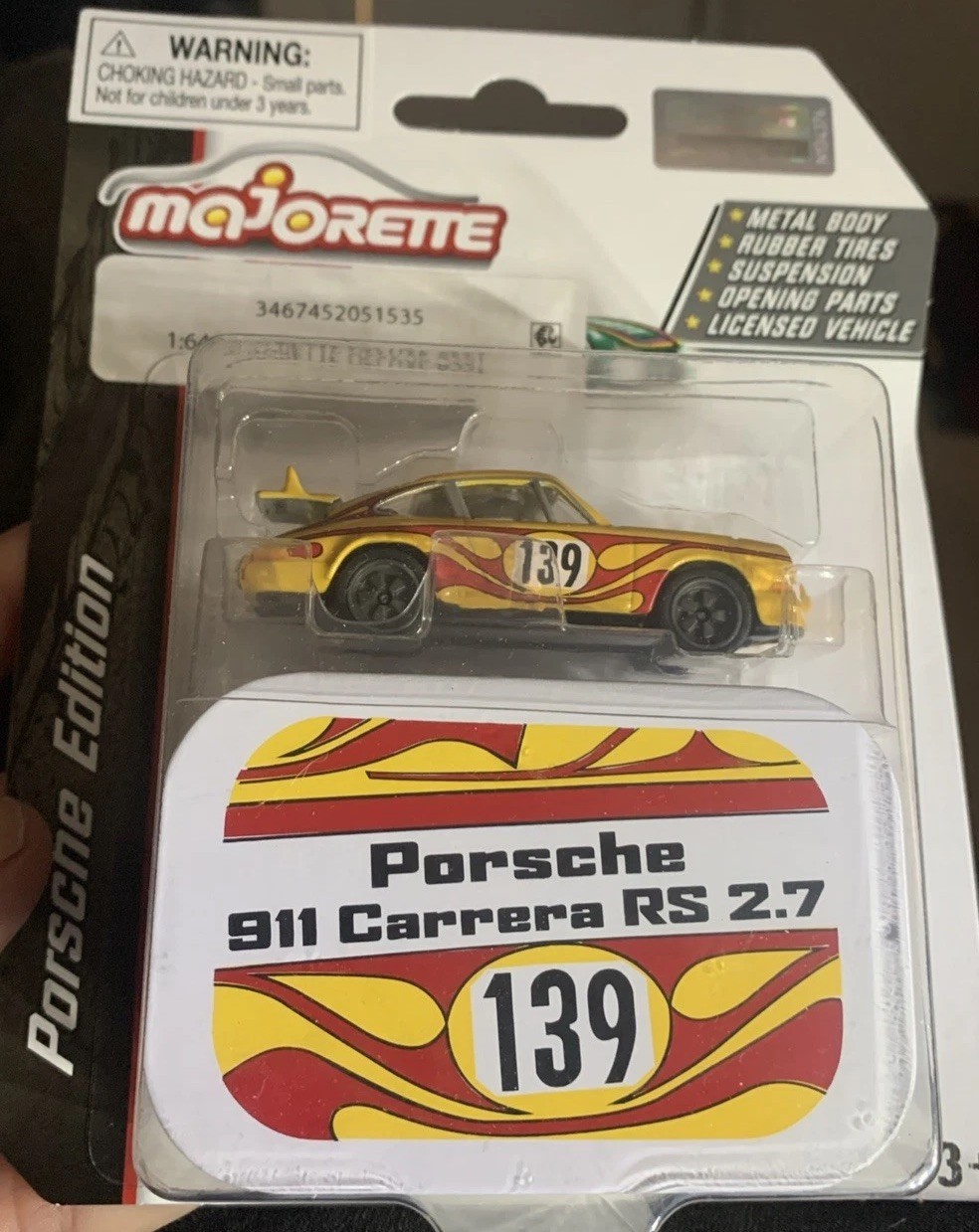 Majorette Porsche Edition - Porsche 911 Carrera RS 2.7 - Yellow w/ Collector Tin