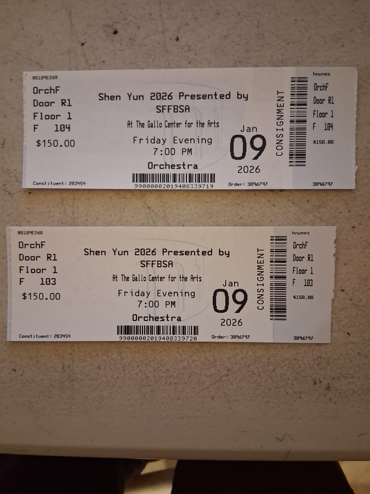 2 Orchestra Front ticket Shen Yun Gallo Center for the Arts JANUARY 9th @ 7:00pm