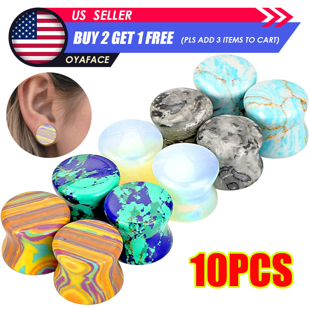 10PC Mix Stone Ear Plug Gauges Saddle Expander Flesh Tunnel Piecing Kit 2g-5/8''