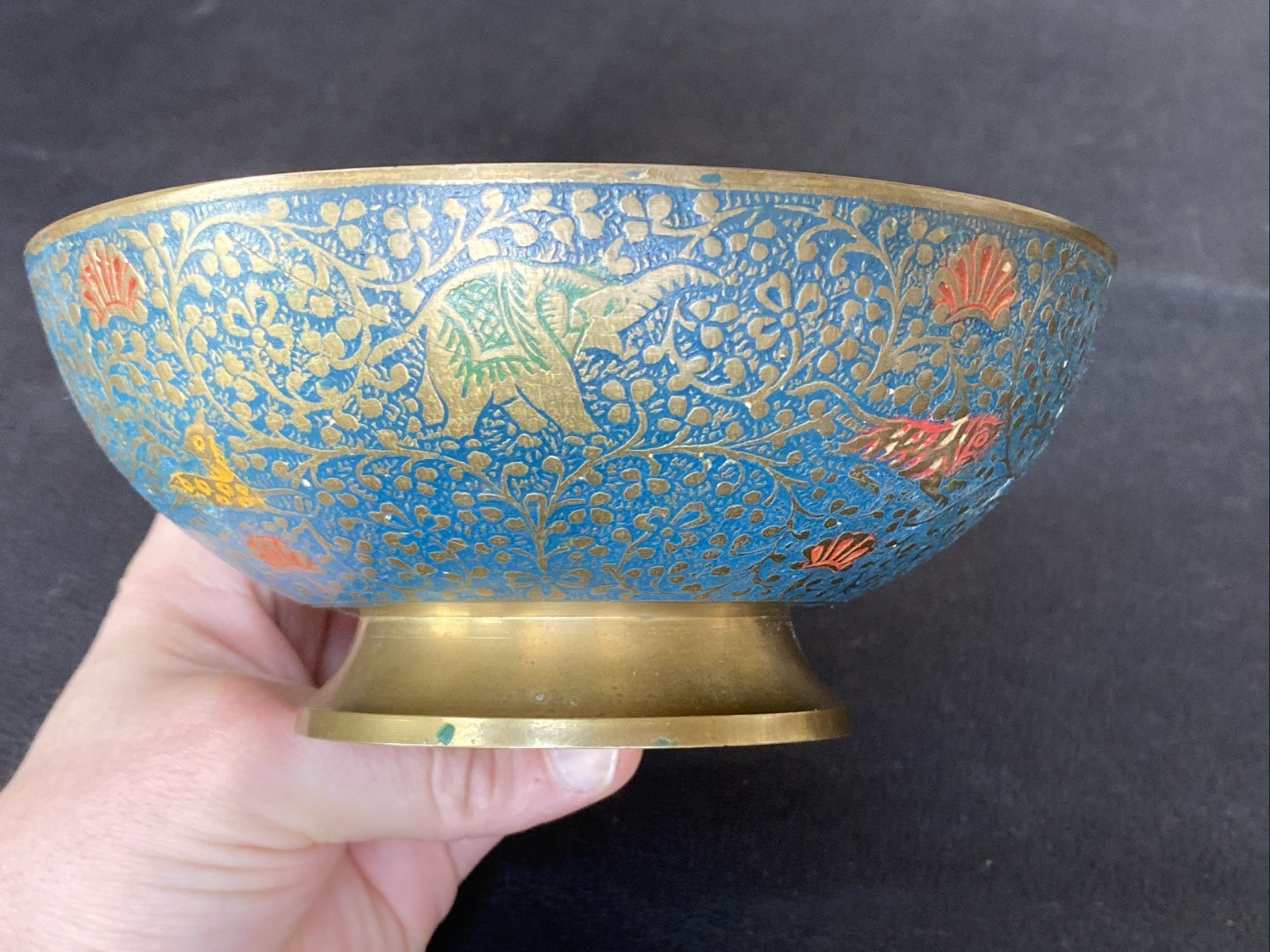 Vtg Decorative Painted Solid Brass Bowl Tiger Elephant Boho Décor Design India