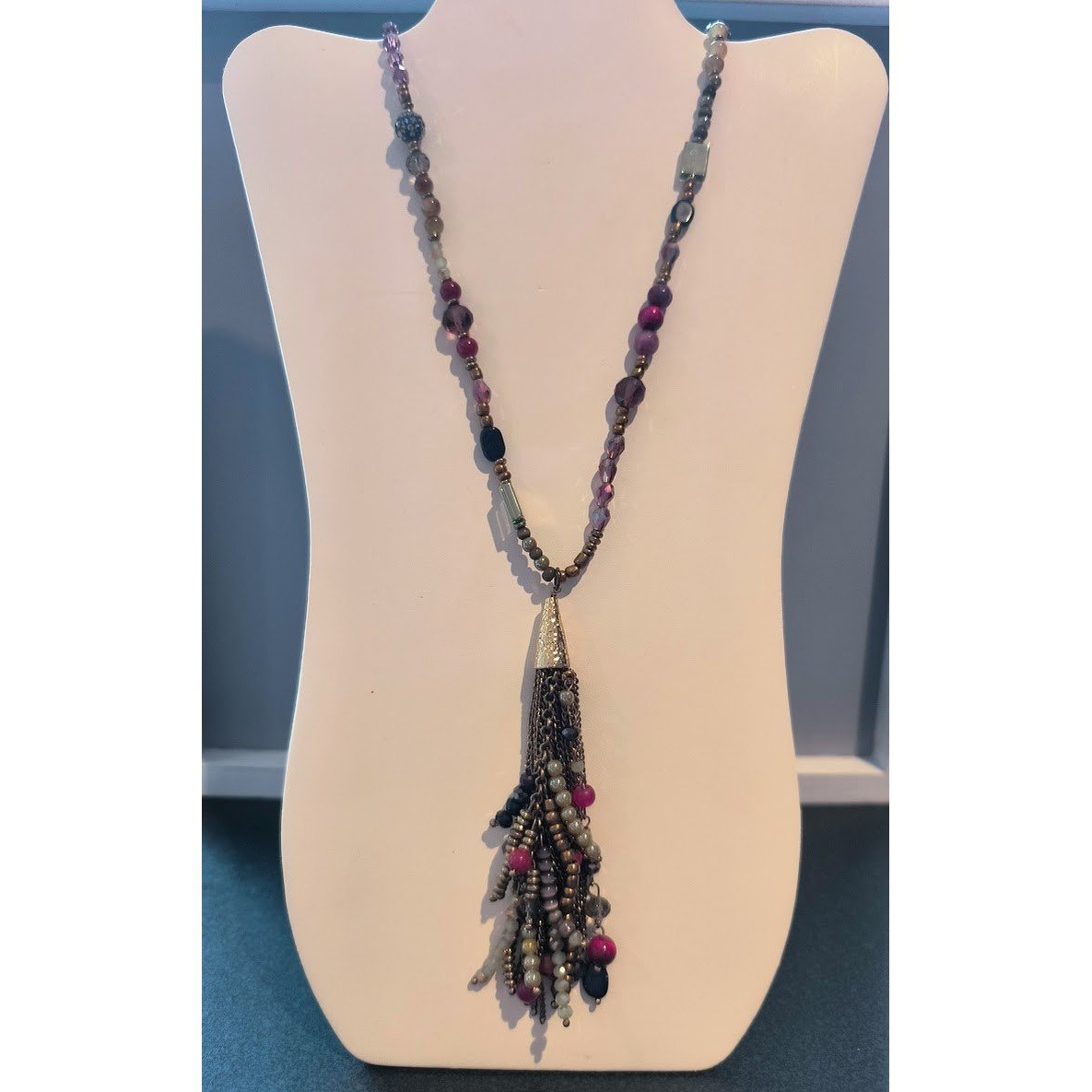 Chicos Long Beaded Tassel Necklace Purple Pink Gold Tone Statement Jewelry