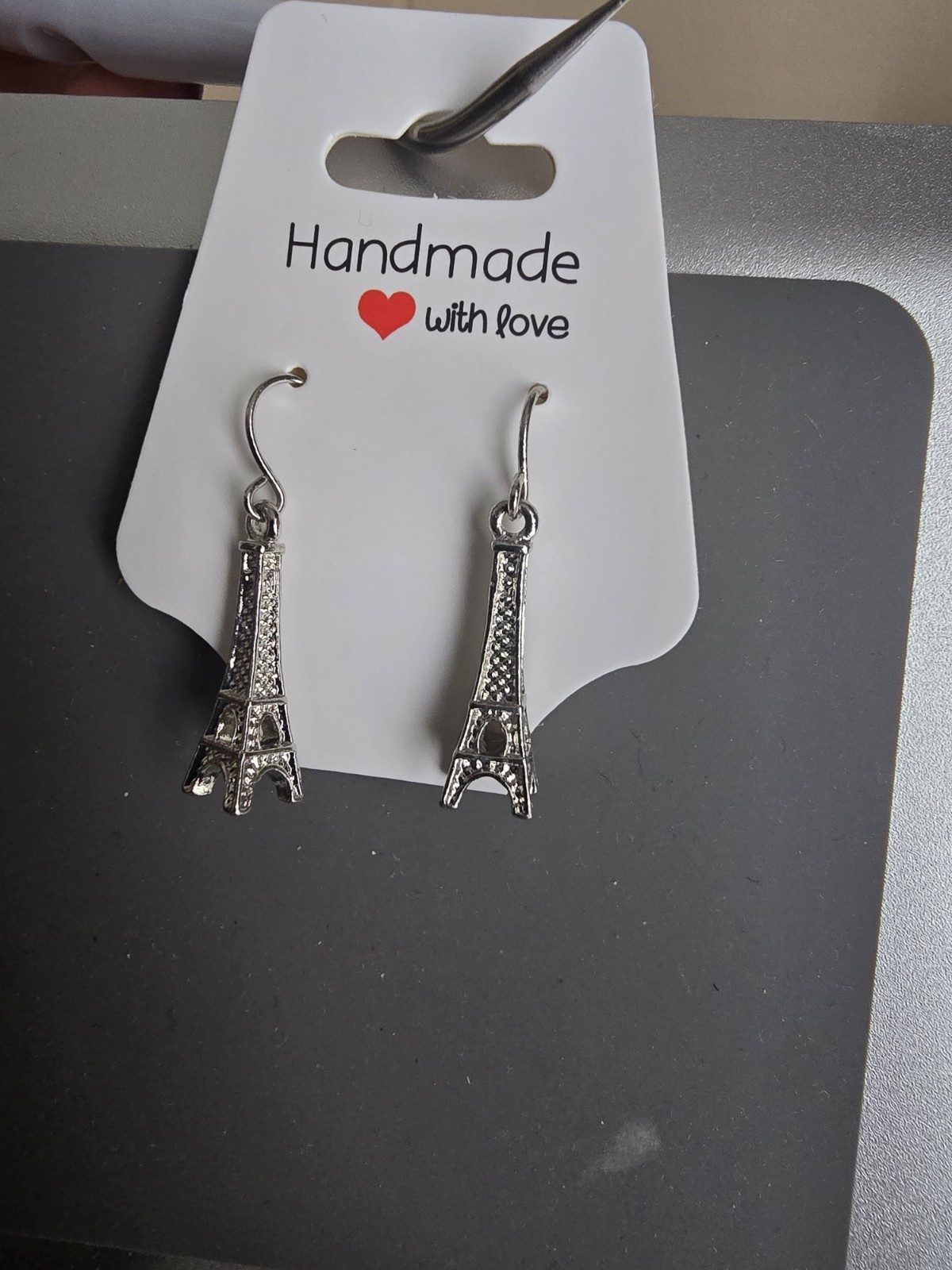 Handmade with love Eiffel Tower Dangle Drop Earrings Silver Tone Hook