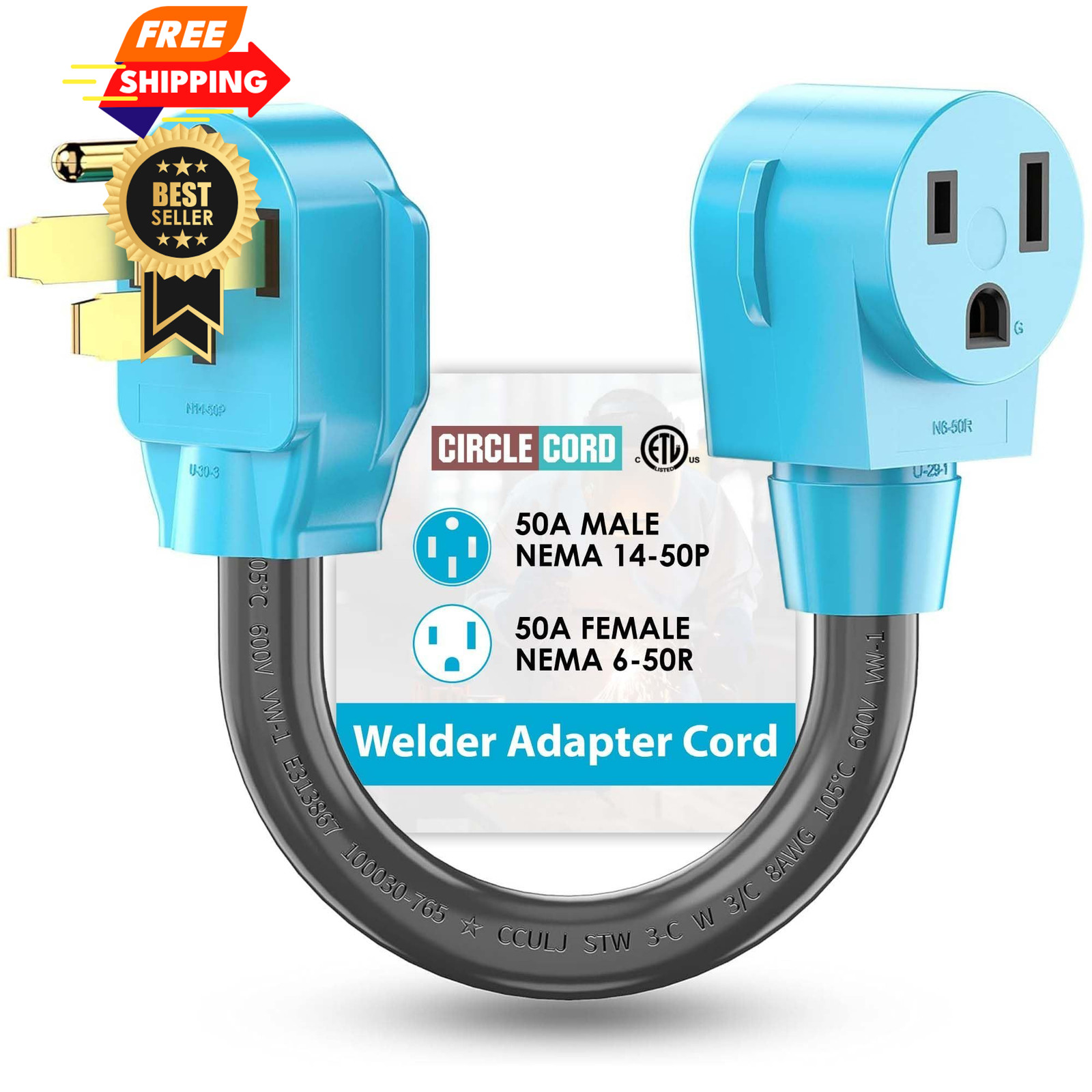 CircleCord Welder Adapter Cord, NEMA 14-50P Male to 14-50P/6-50R 12inch, Blue 