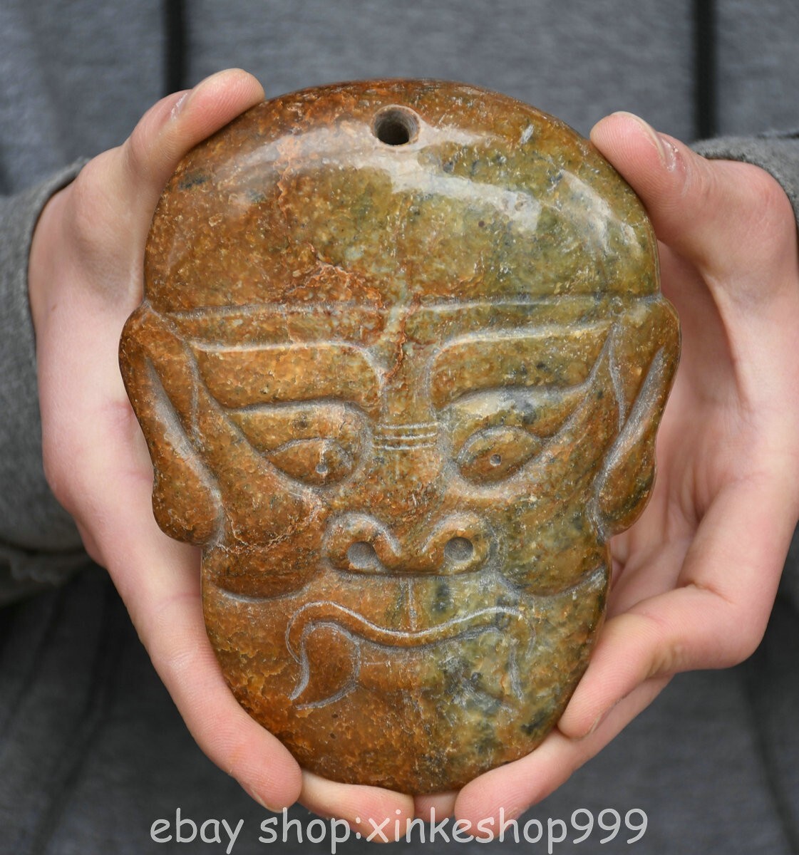 5.2" Chinese Hongshan culture Old Jade Carving Beast face Mask Pendant