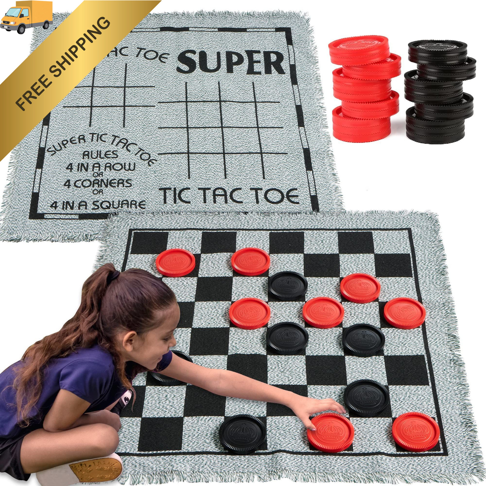 3-in-1 Vintage Giant Checkers, Tic, 25.5 inches x x 0.1 cm, Red 