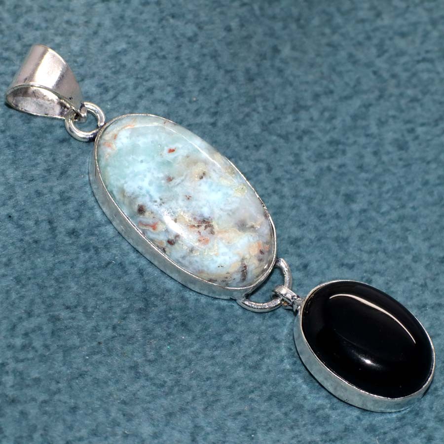 925 Silver Plated Long Black Onyx Larimar Pendant 2.5" Party Wear Jewelry MJ