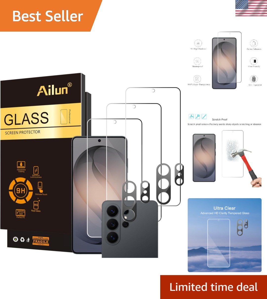 Galaxy S26 Ultra 3-Pack Tempered Glass Screen & Lens Protectors - Easy Install