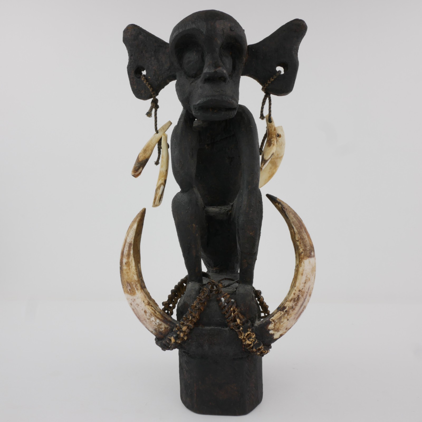 1992 Borneo Dayak Wood Monkey Figure - Real Boar Tusks - Sibu Sarawak