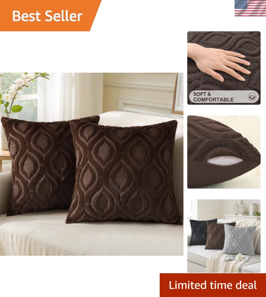 Cozy Textured Euro Sham Throw Pillow Covers 24x24 Inch Set of 2, Soft Plush F...