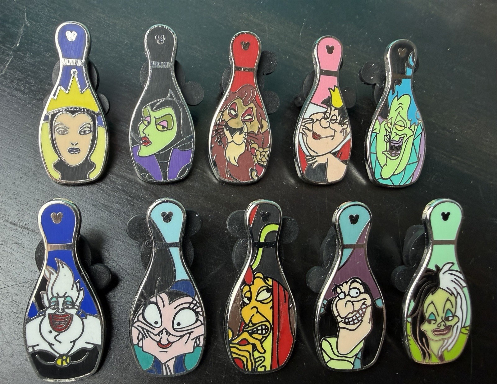 Disney Pin Lot of 10 Full Set of Disney Villain Bowling Pins Hidden Mickey