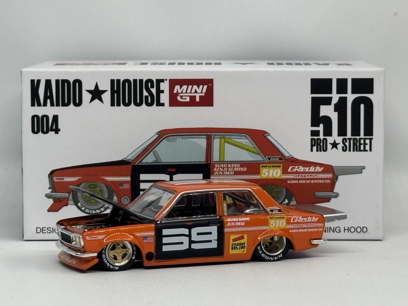 Mini GT x Kaido House Datsun 510 Pro Street SK510 Orange KHMG004 1:64 Scale