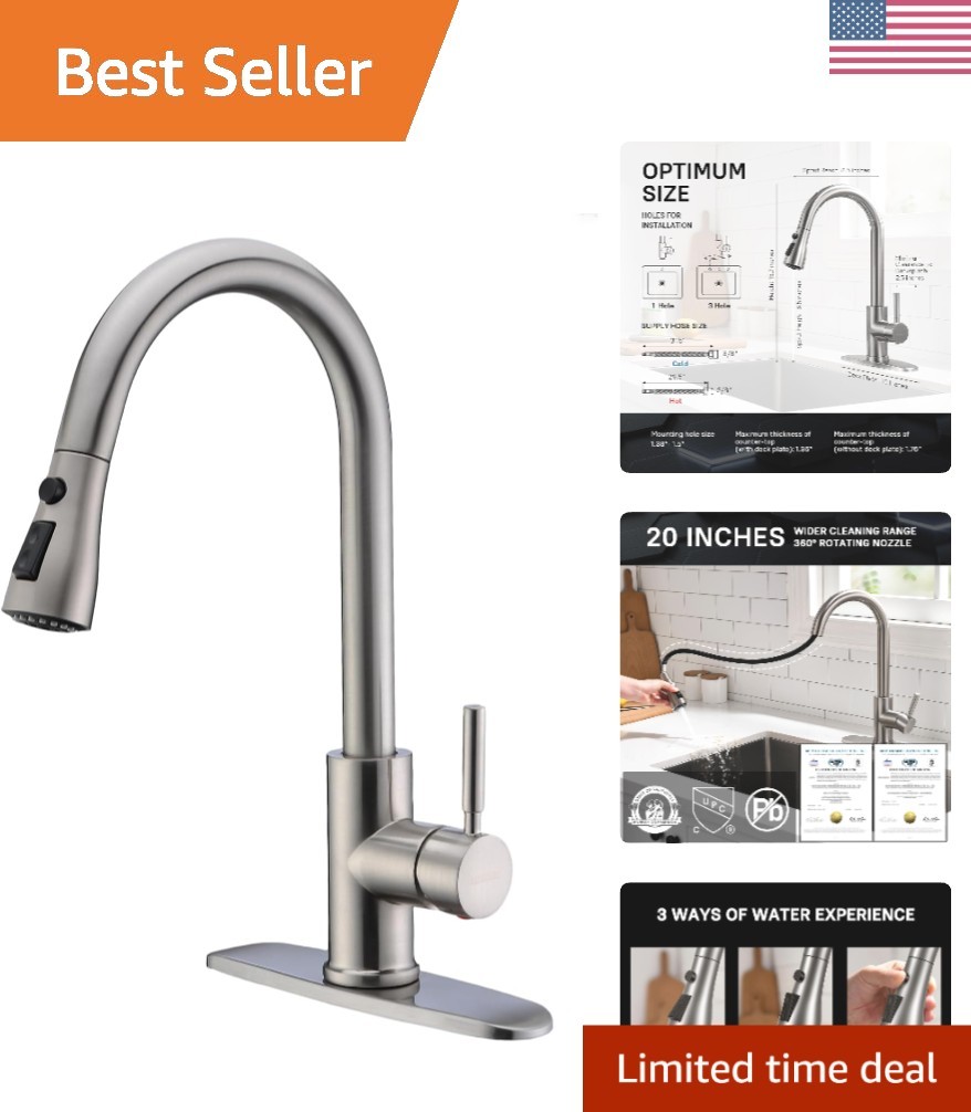 Modern Single Handle Brushed Nickel 360° Swivel Kitchen Faucet - Easy Install