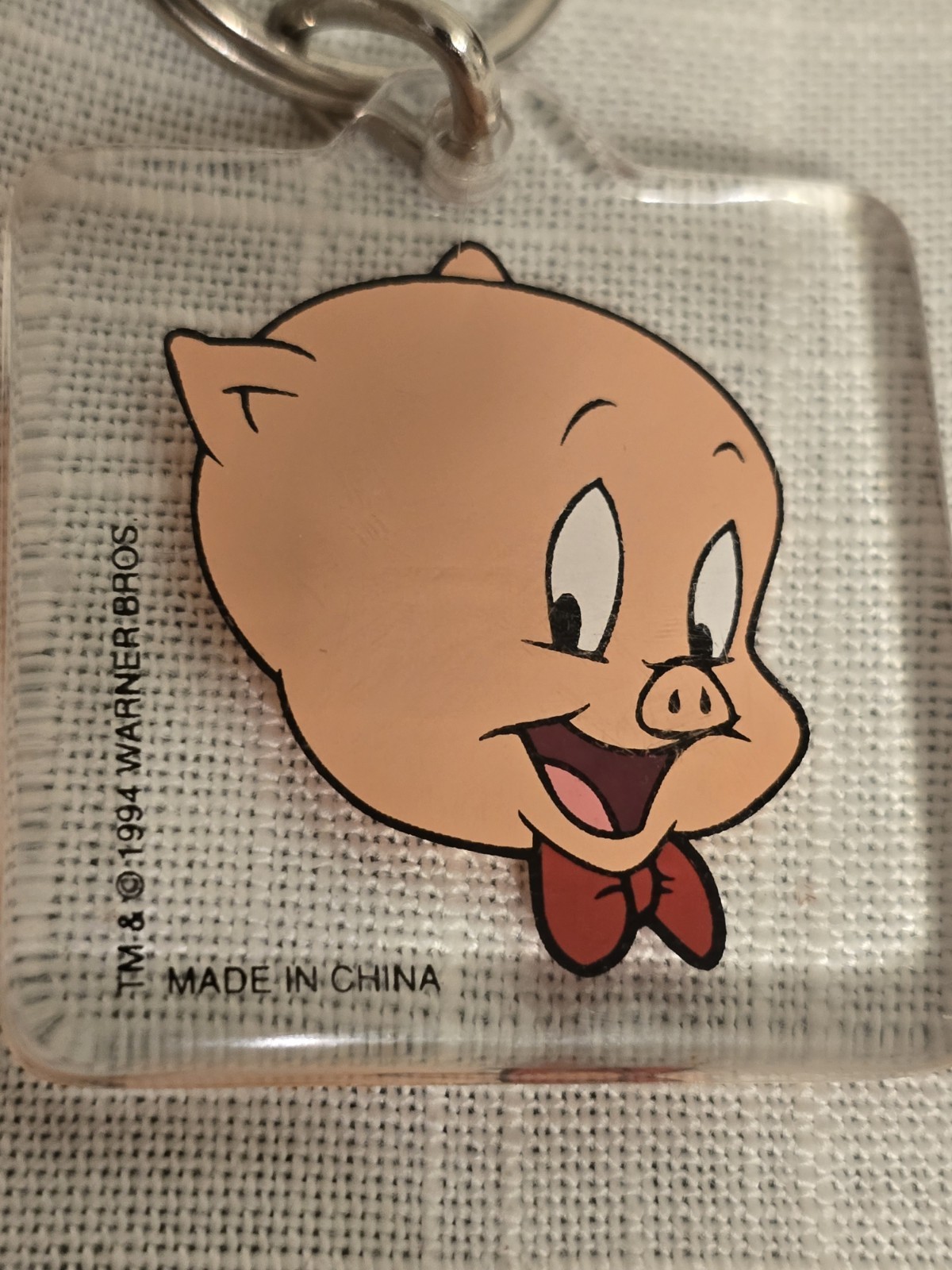 Vintage WB Lucite 1994 Color Porky Pig 2 Sided Keychain with Key Ring 