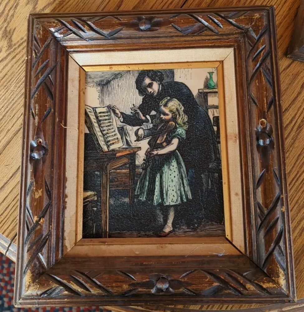Antique Framed ARTS 8 X 10" 4-D SCULPTURED ENGRAVED Victorian Girl Man Piano 