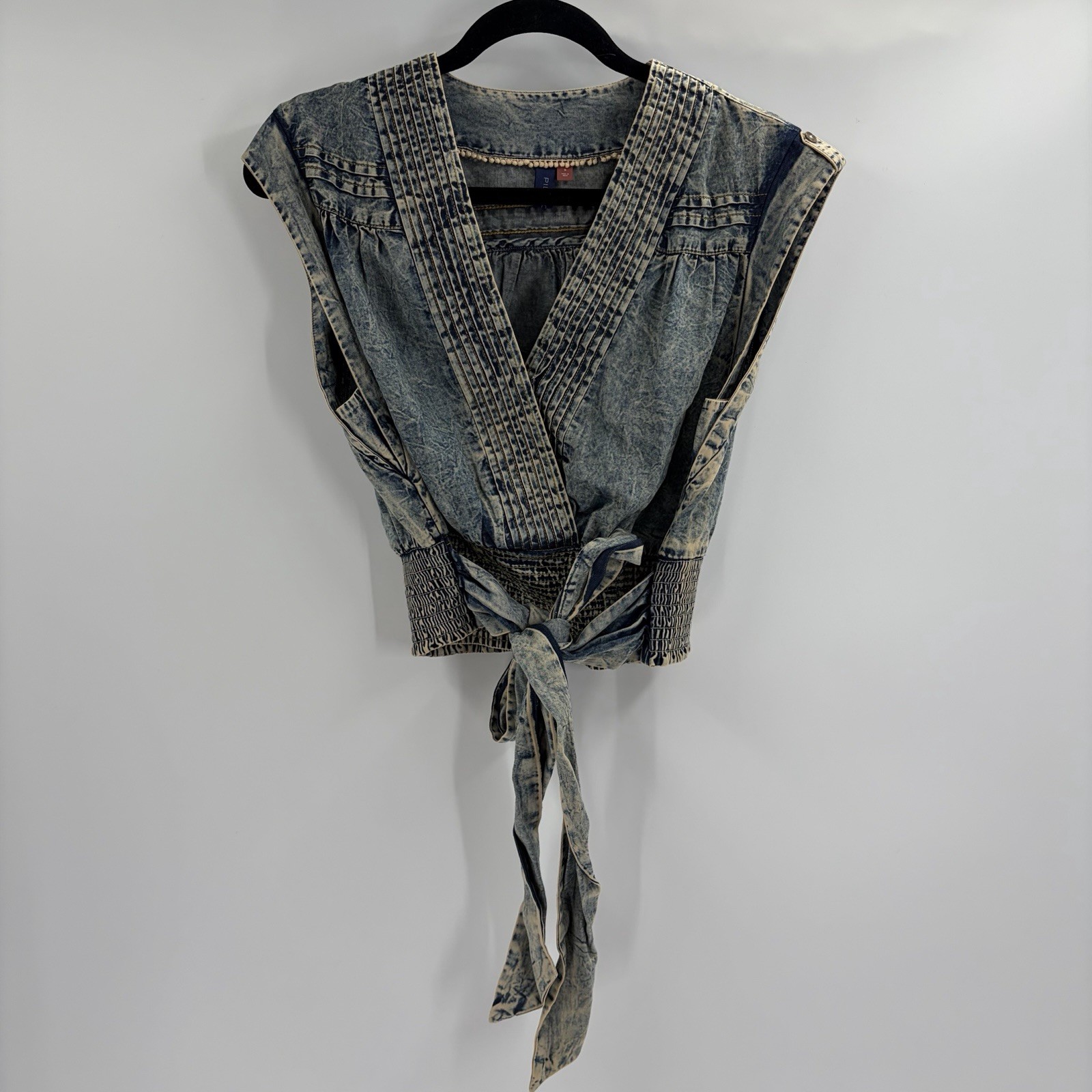 Anthropologie Pilcro The Letterpress Chambray Short Sleeve Wrap Tie Blouse Small