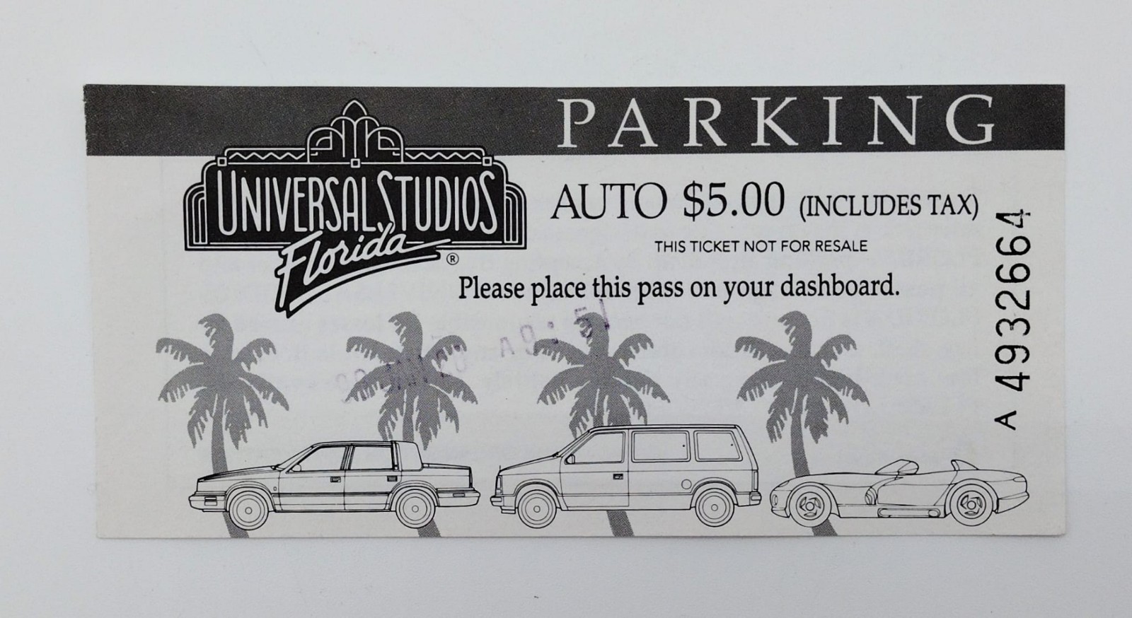 Universal Studios Florida 1999 Auto Parking Ticket Vintage