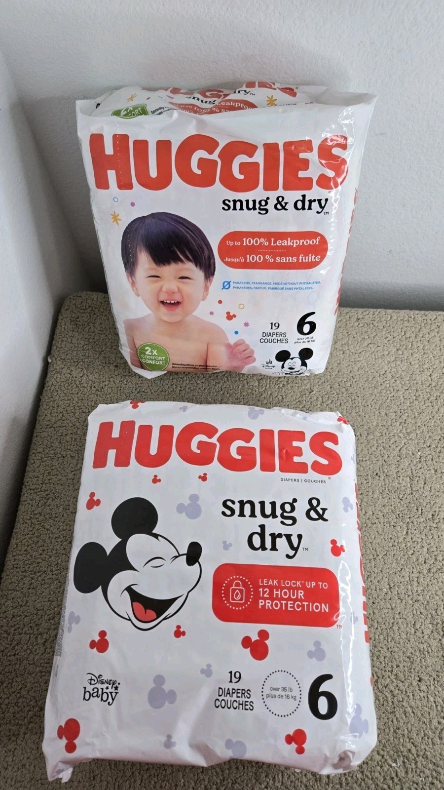 NEW 2 Packs Huggies Snug and Dry 19 Count Size 6 Diapers Over 35 Lbs