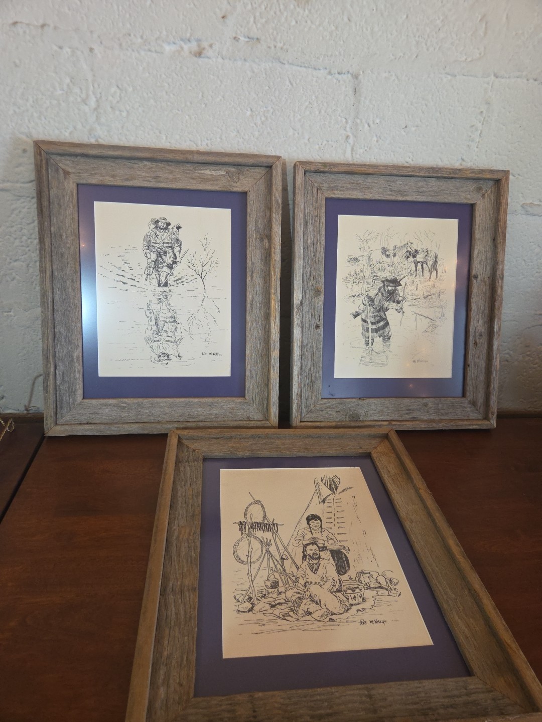 Original Pen Ink Artwork Art Mckellips Frontiersman Trapper Barn Wood Frame RARE