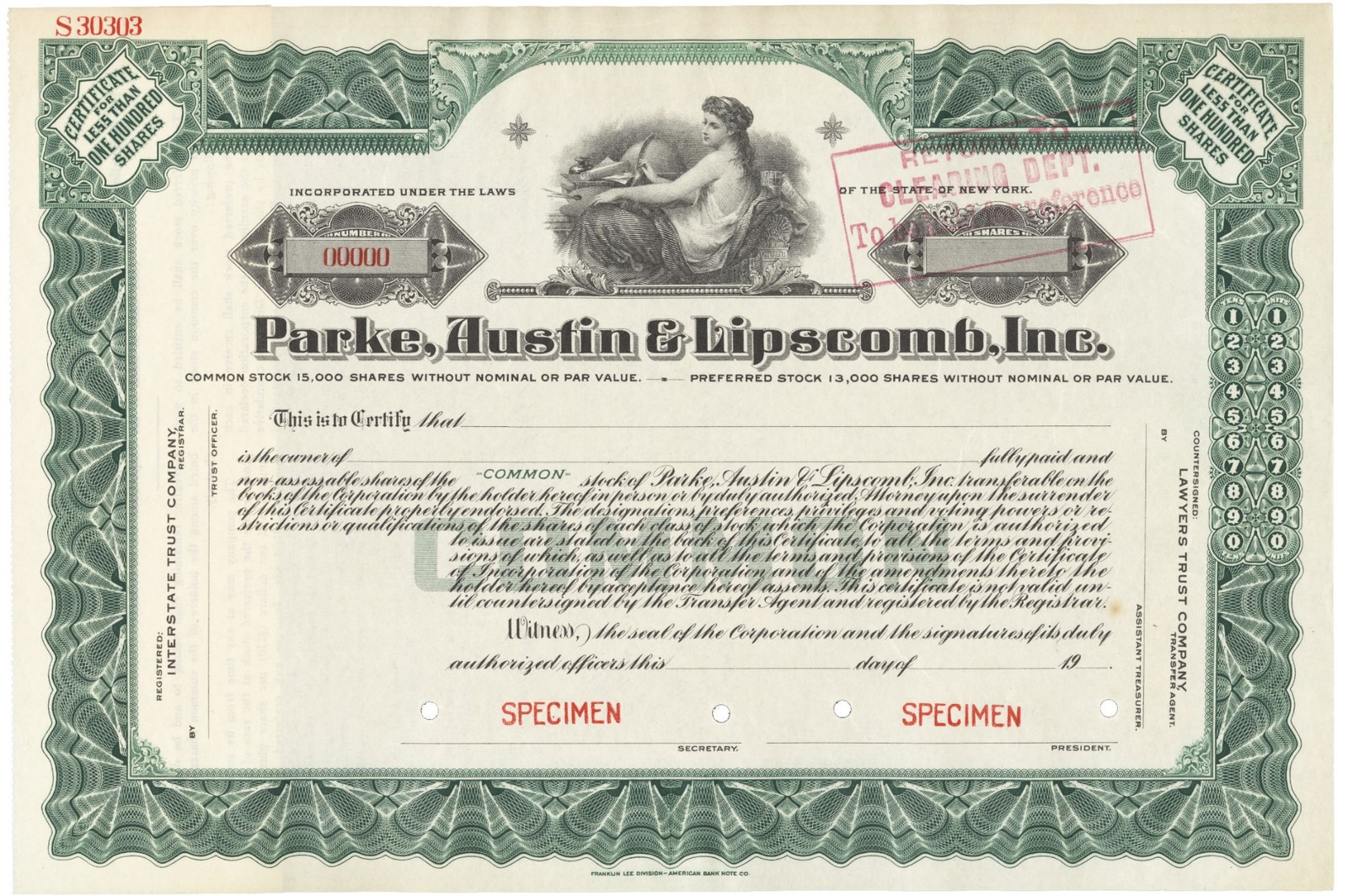 Parke, Austin & Lipscomb, Inc. Stock Certificate.