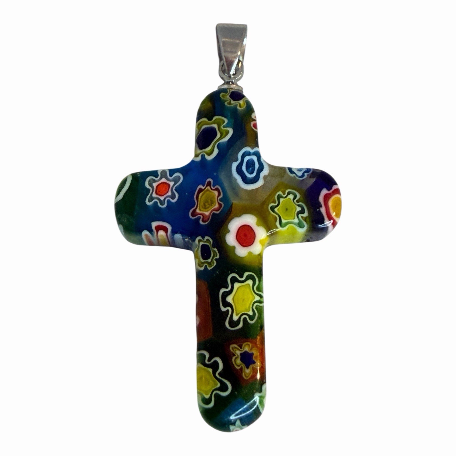 Vintage Murano Millefiori Cross Art Glass Pendant Floral Multi Color