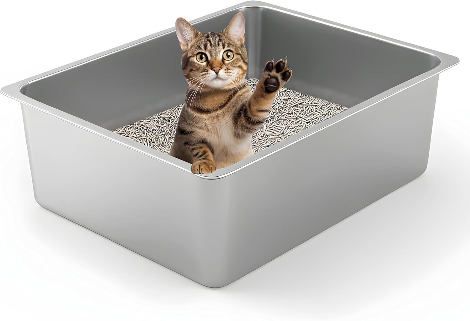 Stainless Steel Cat Litter Box - Metal High Sided Cat Pan, Large Stainless Steel